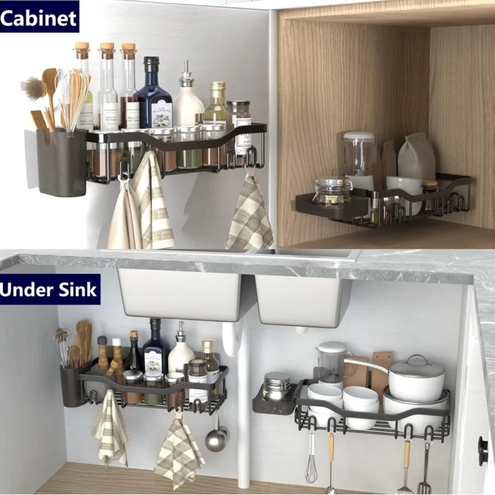 Black Bath Storage Organizer with Two Tiers and Hooks